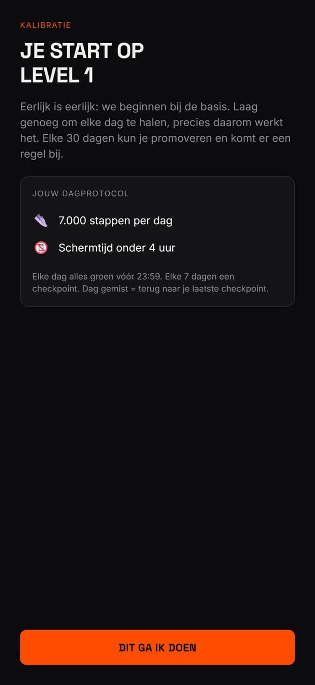 Het kalibratiescherm van New Standard: je start op level 1 met 7.000 stappen per dag en schermtijd onder 4 uur.