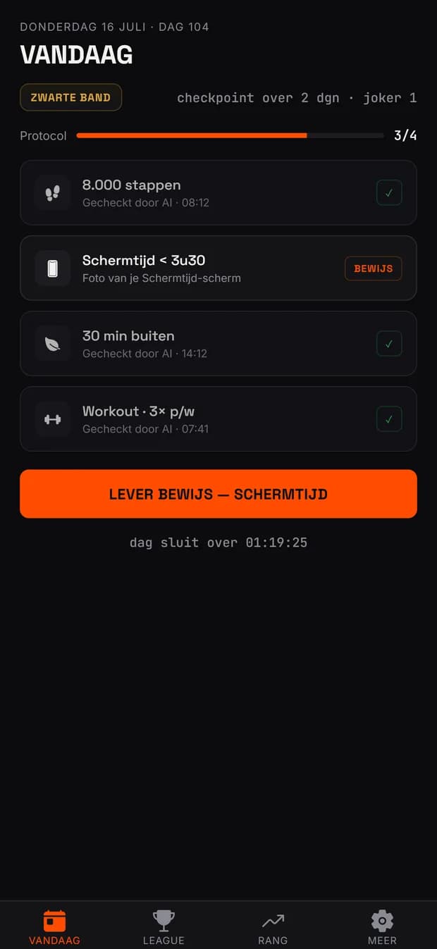 Het Vandaag-scherm van New Standard: dagprotocol met 8.000 stappen, schermtijd onder 3u30, 30 minuten buiten en een workout — drie regels met een verdict, één wacht nog op bewijs.